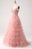 Blush A-Line Spaghetti Straps Tiered Tulle Corset Long Prom Dress