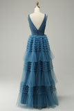 A Line V-Neck Blue Long Prom Dress With Open Back