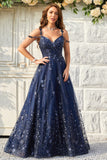 Navy A Line Cold Shoulder Long Prom Dress