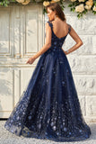 Navy A Line Cold Shoulder Long Prom Dress