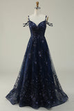 A Line Off the Shoulder Navy Long Prom Dress with Appliques