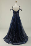 A Line Off the Shoulder Navy Long Prom Dress with Appliques