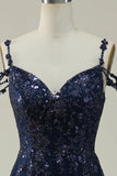 A Line Off the Shoulder Navy Long Prom Dress with Appliques