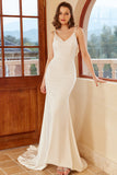 Mermaid Spaghetti Straps White Wedding Dress with Button