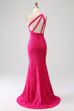 Sparkly Mermaid One Shoulder Fuchsia Sequins Long Prom Dress with Slit