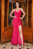 Sparkly Fuchsia Mermaid Spaghetti Straps V-Neck Sequin Long Prom Dress With Split