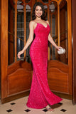 Sparkly Fuchsia Mermaid Spaghetti Straps V-Neck Sequin Long Prom Dress With Split