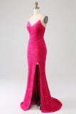 Fuchsia Mermaid Spaghetti Straps V-Neck Sequin Prom Dress With Split