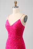 Fuchsia Mermaid Spaghetti Straps V-Neck Sequin Prom Dress With Split