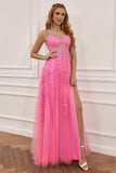 A Line Spaghetti Straps Hot Pink Prom Dress with Appliques