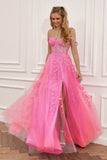 A Line Spaghetti Straps Hot Pink Prom Dress with Appliques