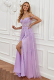 Purple Off the Shoulder Long Prom Dress with Appliques