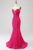 Bling Mermaid Sweetheart Hot Pink Sequins Long Prom Dress