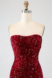 Red Strapless Sequins Long Mermaid Prom Dress With Slit