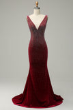 Mermaid Deep V Neck Burgundy Long Prom Dress with Beading