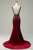 Mermaid Deep V Neck Burgundy Long Prom Dress with Beading