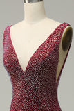 Mermaid Deep V Neck Burgundy Long Prom Dress with Beading