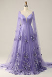 Purple Watteau Train Prom Dress With 3D Flowers