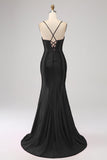 Stunning Black Mermaid Spaghetti Straps Corset Prom Dress with Split Front