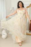 Plus Size Champagne Long Prom Dress With Embroidery