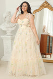 Plus Size Champagne Long Prom Dress With Embroidery