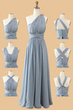A-Line One Shoulder V-Neck Halter Floor-Length Gray Blue Bridesmaid Dress