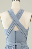 A-Line One Shoulder V-Neck Halter Floor-Length Gray Blue Bridesmaid Dress