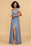 Gray Blue Spaghetti Straps Long Chiffon Bridesmaid Dress with Slit