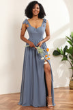 Gray Blue Spaghetti Straps Long Chiffon Bridesmaid Dress with Slit