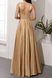 Champagne Satin Long Prom Dress with Slit