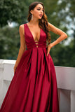 Burgundy Satin Long Prom Dress