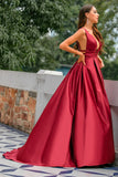 Burgundy Satin Long Prom Dress