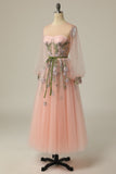 A Line Jewel Light Nude Long Prom Dress with Embroidery