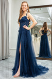 Navy Tulle A Line Backless Appliqued Long Corset Prom Dress With Slit