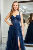 Navy Tulle A Line Backless Appliqued Long Corset Prom Dress With Slit