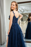 Navy Tulle A Line Backless Appliqued Long Corset Prom Dress With Slit