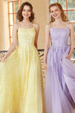 Gorgeous A Line Spaghetti Straps Yellow Long Prom Dress with Appliques