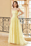 Gorgeous A Line Spaghetti Straps Yellow Long Prom Dress with Appliques