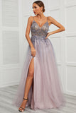 Spaghetti Straps Appliques Long Prom Dress with Split Front