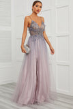 Spaghetti Straps Appliques Long Prom Dress with Split Front