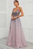 Spaghetti Straps Appliques Long Prom Dress with Split Front