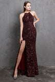 Burgundy Sequin Long Prom Dress with Slit