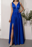 Champagne Satin Long Prom Dress with Slit