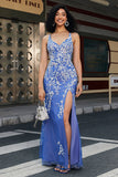 Light Blue Mermaid V Neck Long Appliqued Prom Dress With Slit