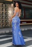 Light Blue Mermaid V Neck Long Appliqued Prom Dress With Slit