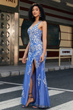 Light Blue Mermaid V Neck Long Appliqued Prom Dress With Slit