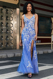 Light Blue Mermaid V Neck Long Appliqued Prom Dress With Slit