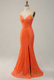 Mermaid Spaghetti Straps Orange Sequins Prom Dress with Split Front