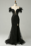 Off the Shoulder Black Mermaid Prom Dress with Feathers