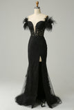 Off the Shoulder Black Mermaid Prom Dress with Feathers